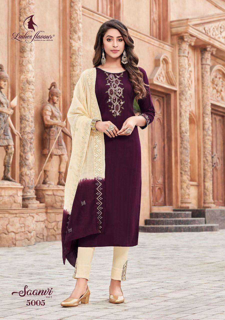 Ladies Flavour-Saanvi Vol 5-Rayon-Weaving-Embroidery-Sequence-Work-Kurti-Cotton-Slub-Lycra-Pant-Chanderi-Viscose-Mirror-Work-Dupatta-5005